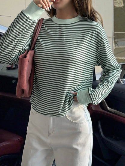 Striped Polyester Tee Casual Oversized Long Sleeve