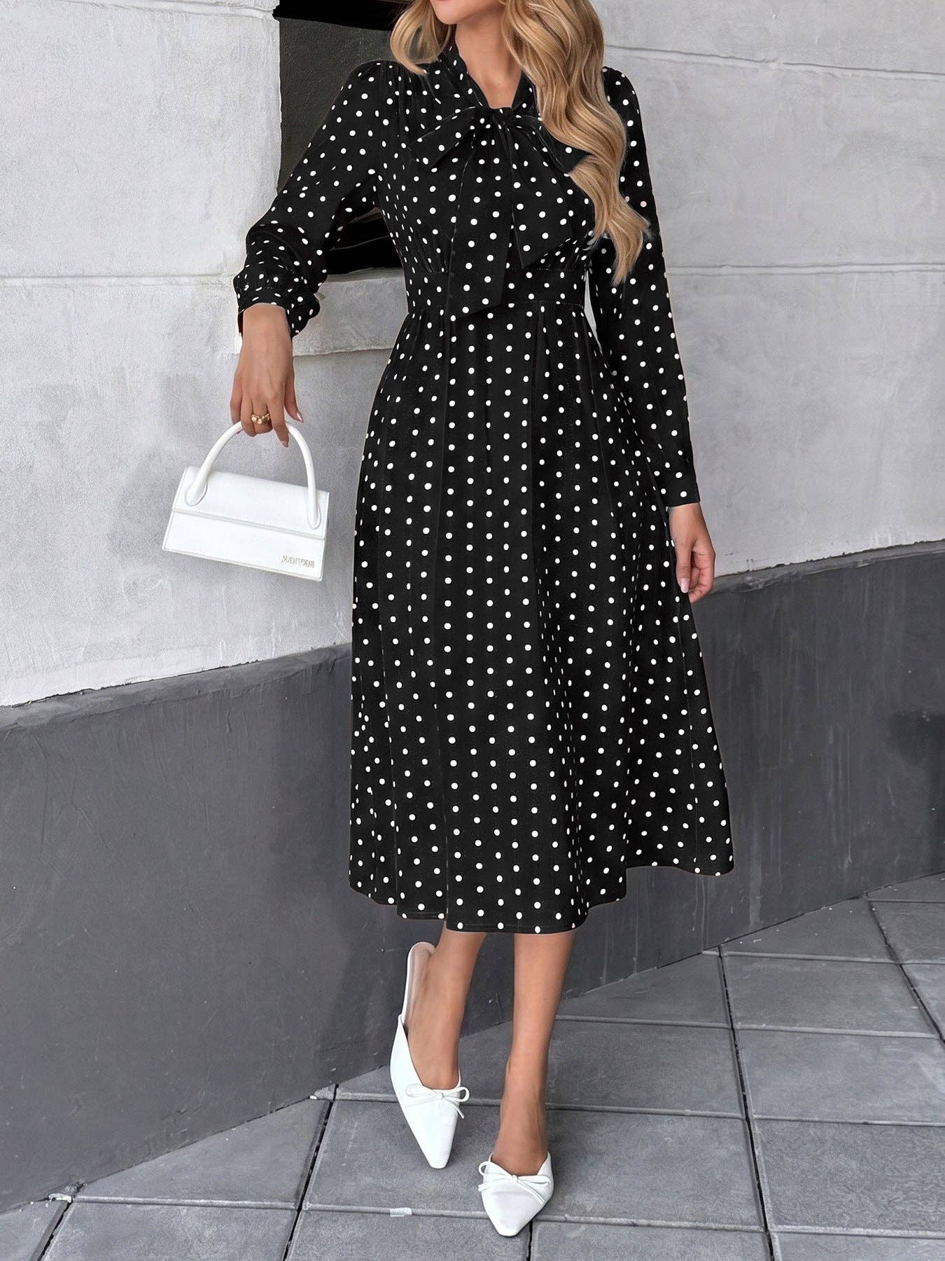 Polka Dot Bow Tie Neck Dress Long Sleeve Vintage Midi