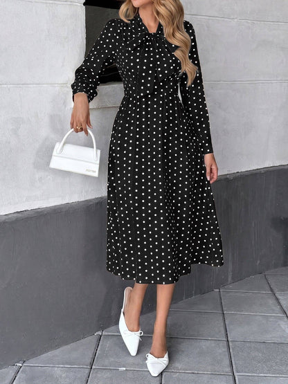 Polka Dot Bow Tie Neck Dress Long Sleeve Vintage Midi