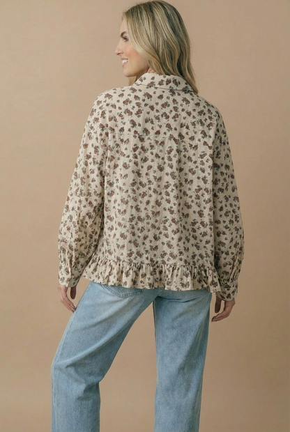 Collared Floral Peplum Hem Babydoll Shirt