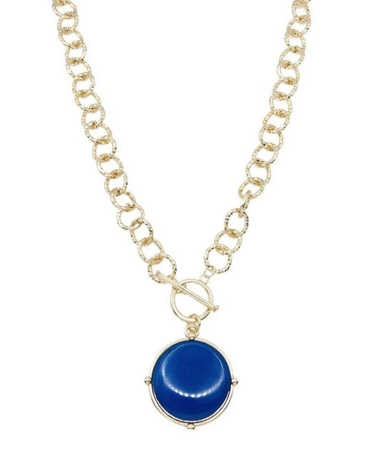 Gold Open Chain with Blue Circle Stone and Gold Necklace