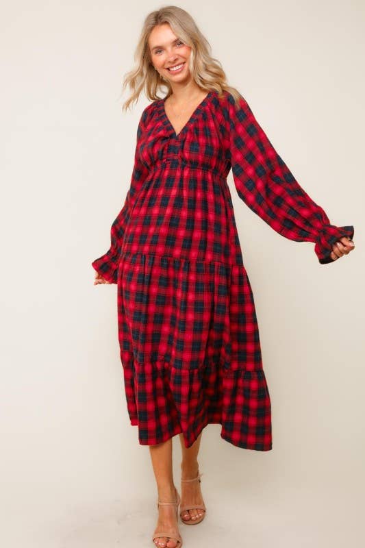 Plaid Check Tiered Maxi Dress W/ Side Pocket