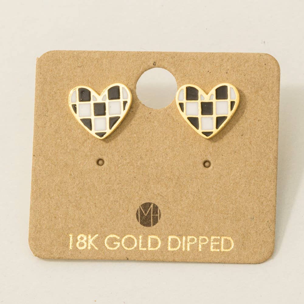 Gold Checkered Heart Stud Earrings