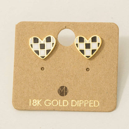 Gold Checkered Heart Stud Earrings
