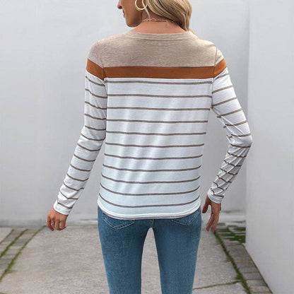 Beige & Camel Colorblock Striped Crewneck Long Sleeve Knit Top