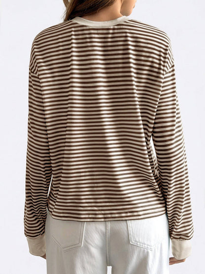 Striped Polyester Tee Casual Oversized Long Sleeve