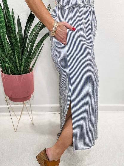Navy Striped Open Back Dress
