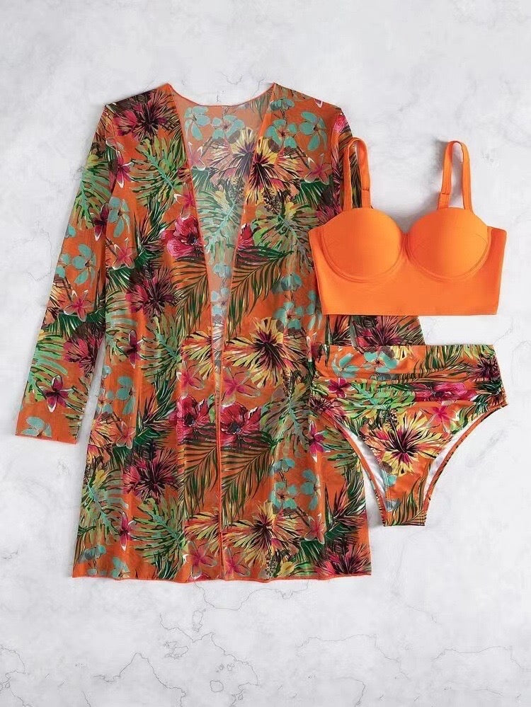 Orange Tropical Floral Bikini Swimsuit