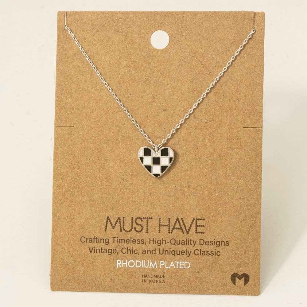Black & White Checkered Heart Pendant Necklace
