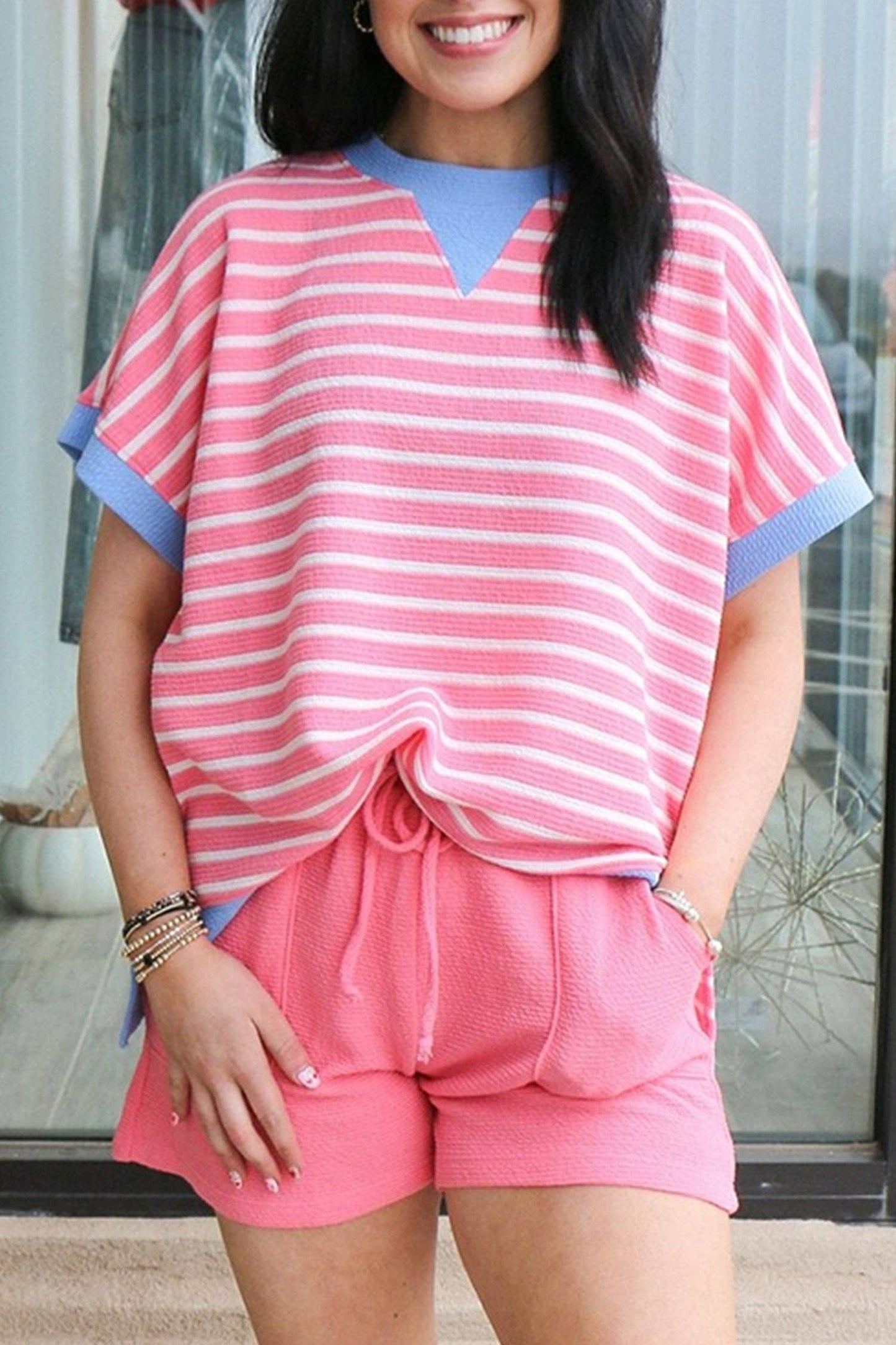 Striped Contrast Trim Loose Short Sleeve Top