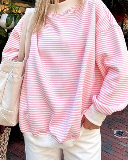 Striped Cotton Sweatshirt Oversized Long Sleeve Top