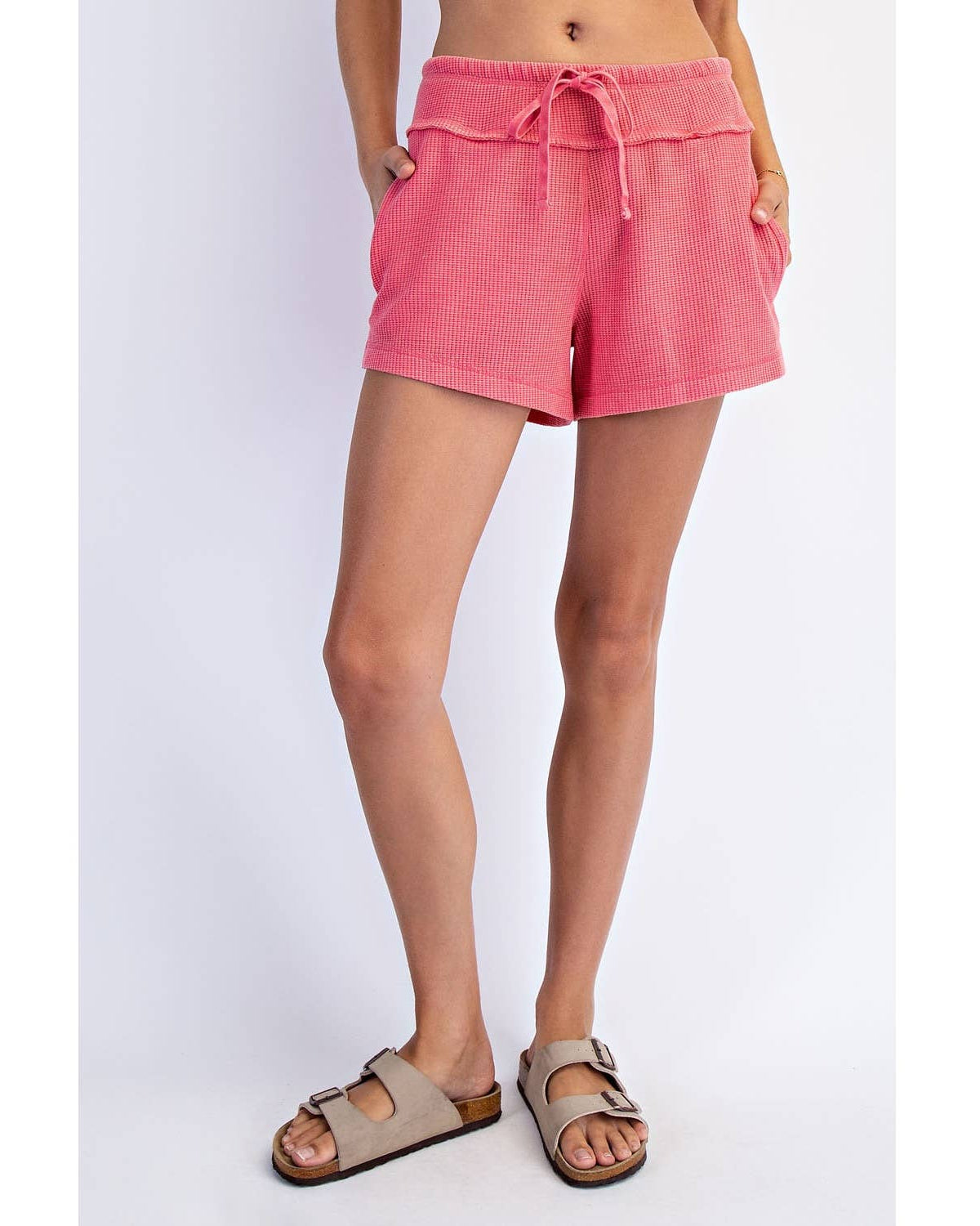Strawberry Pink Waffle Weave Drawstring Shorts