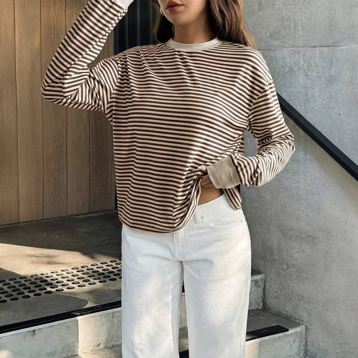 Striped Polyester Tee Casual Oversized Long Sleeve