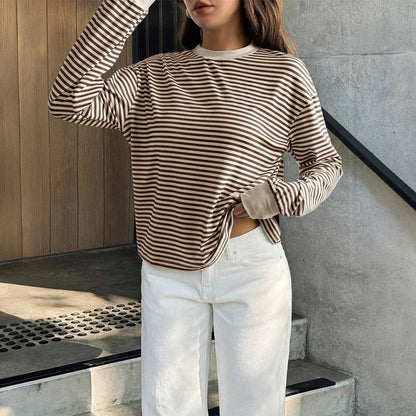 Striped Polyester Tee Casual Oversized Long Sleeve