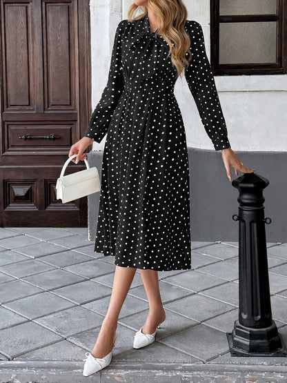 Polka Dot Bow Tie Neck Dress Long Sleeve Vintage Midi