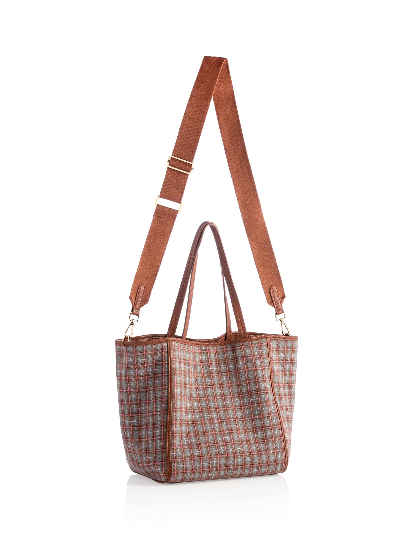 Neutral Tan & Pink Plaid Tote