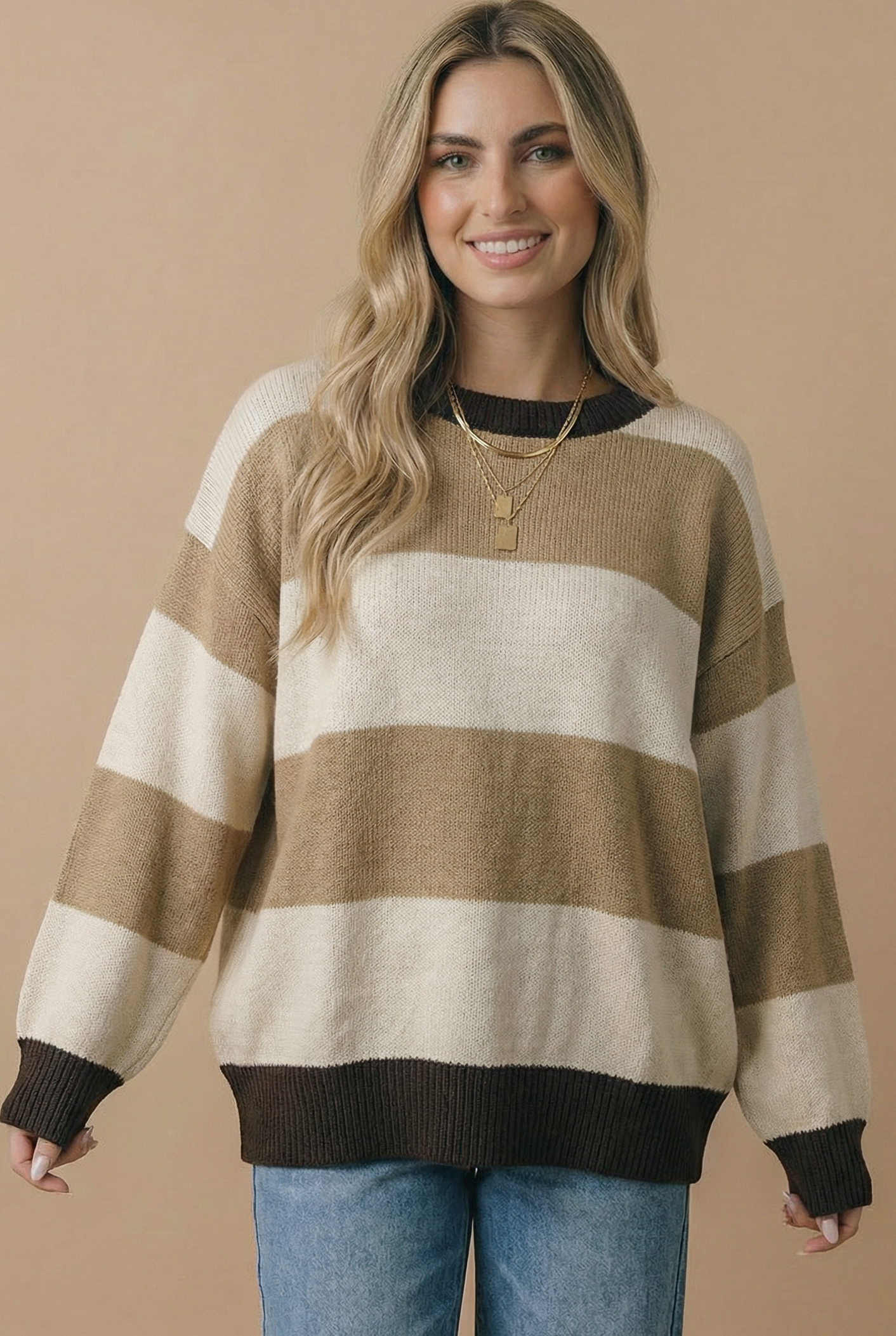 Round Neck Striped Color Block Sweater Top