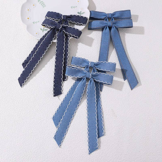 Contrast trim Vintage Denim Ribbon Bow Hair clips- 2PC