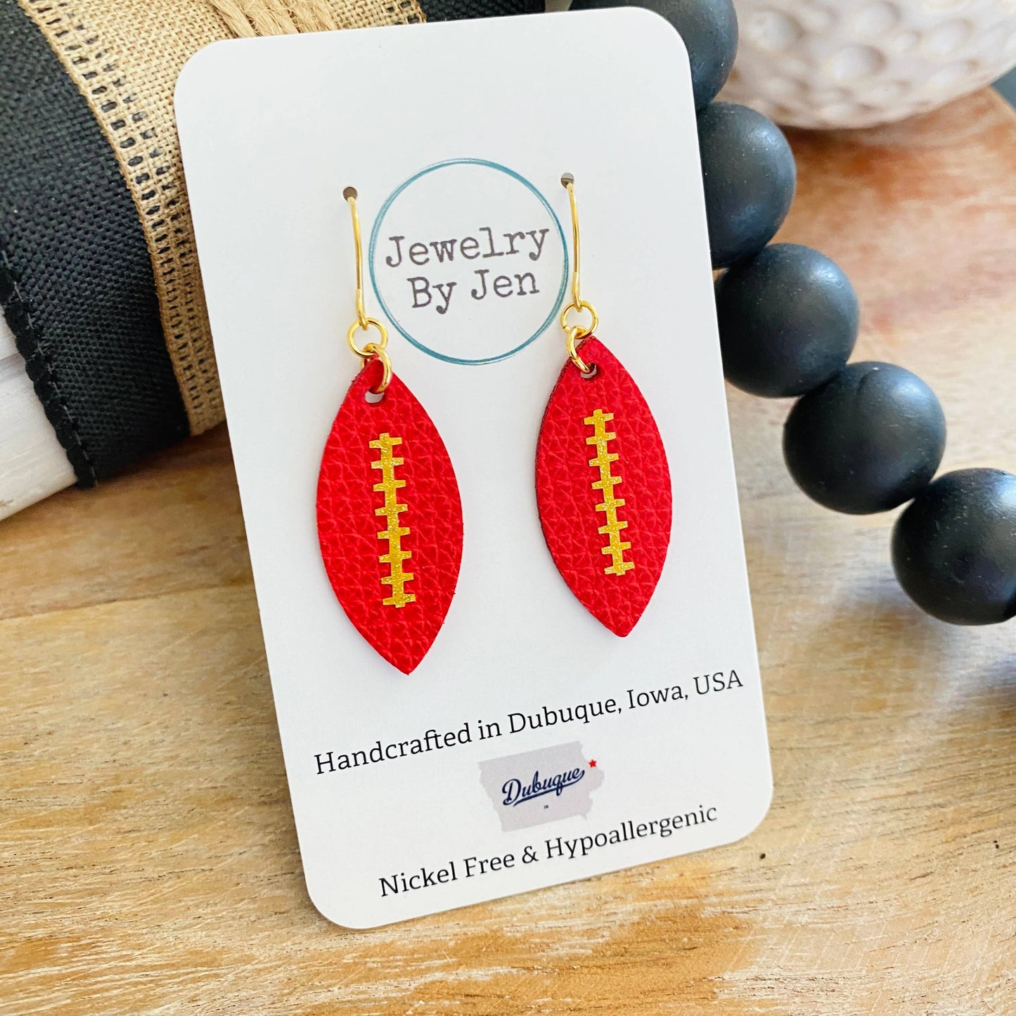 Red w/Gold Stitches Football Earrings