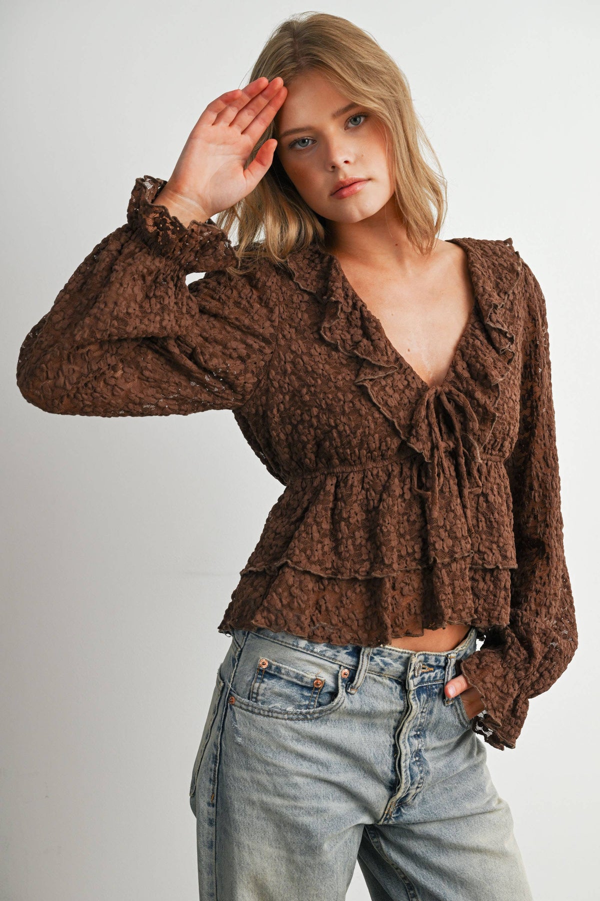 Brown Lace Ruffle Long Sleeve Blouse