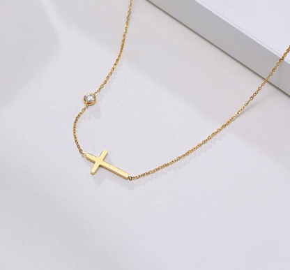 Gold Side Cross Necklace with Crystal Accent