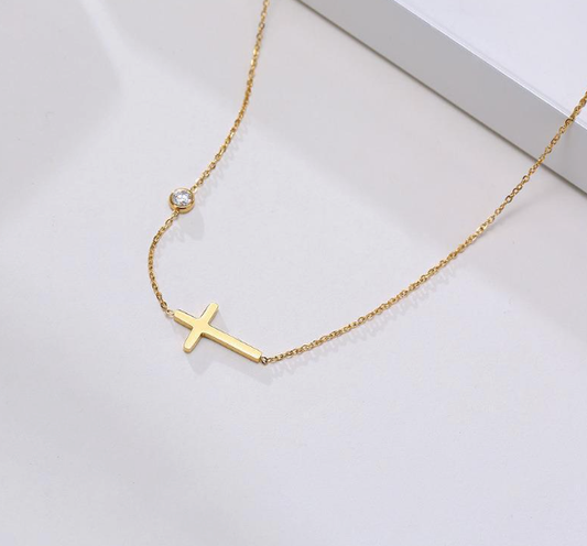 Gold Side Cross Necklace with Crystal Accent