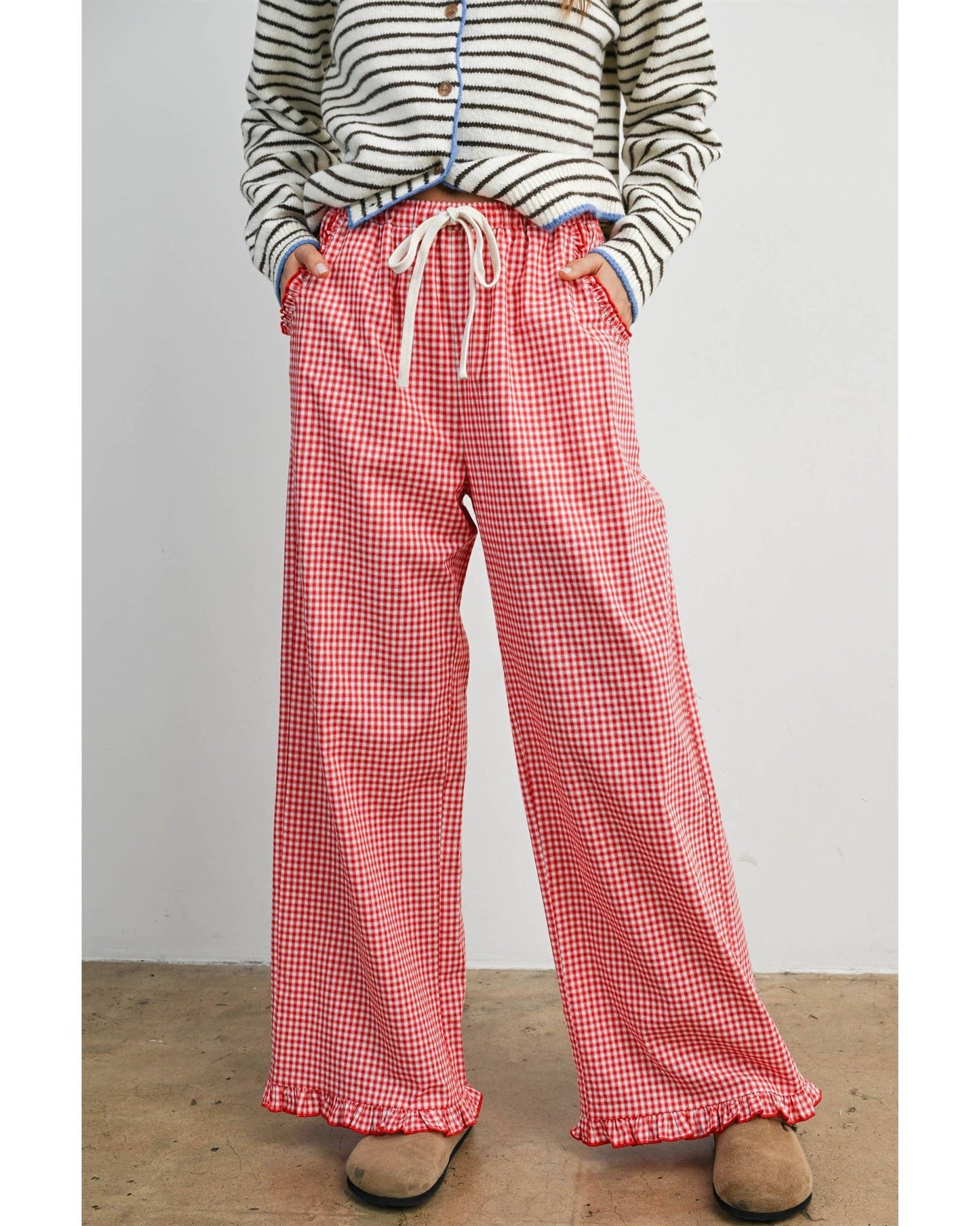 Women's Striped Ruffle Hem Cropped Pants- BMP8476