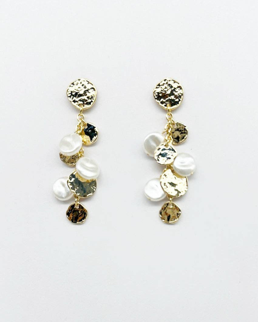 Gold Hammered Coin Stud with Gold and Pearl Drops Earring