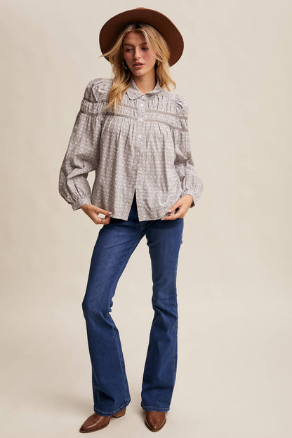 Lavender Grey Pintuck Puff Sleeve Blouse