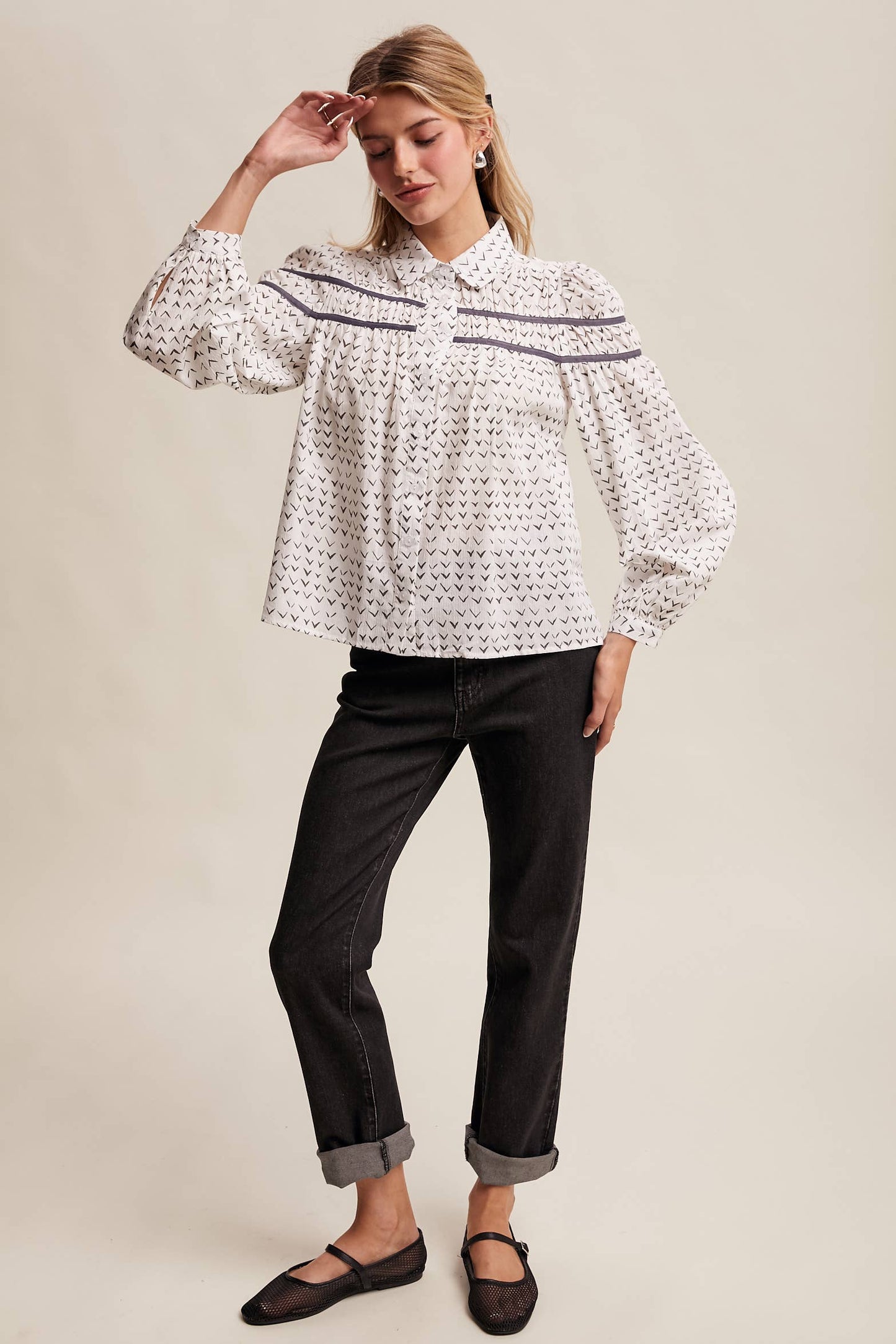 Lavender Grey Pintuck Puff Sleeve Blouse
