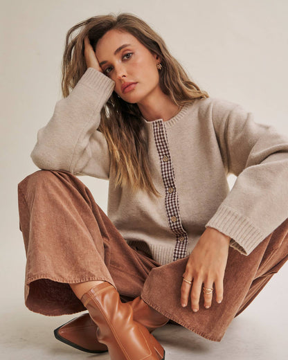 Beige Cardigan w/ Plaid Button Up Acccent