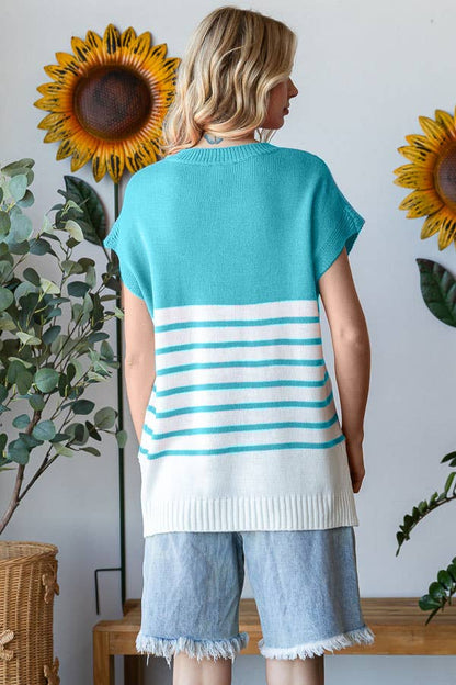 Teal & White Striped Knit Drop Shoulder Top