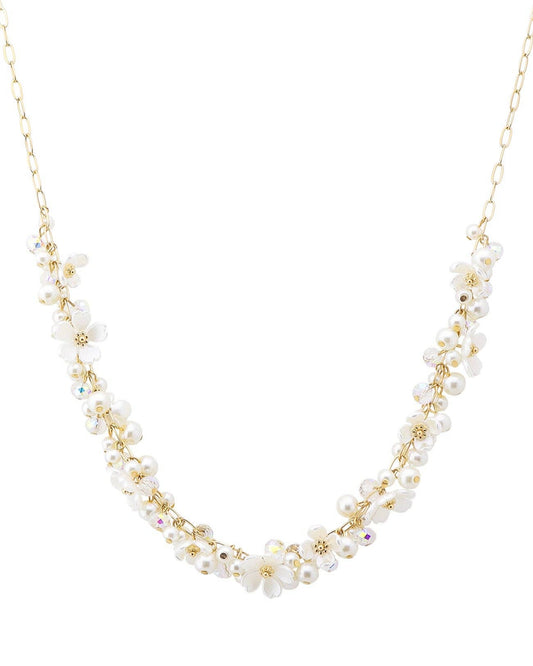 Pearl, Flower, and Crystals on Gold Chain 16"-18" Necklace