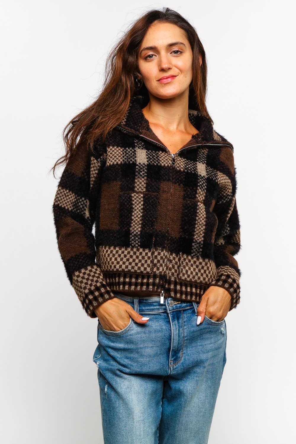 High Neck Zipper Neck Long Sleeve Plaid Cardigan