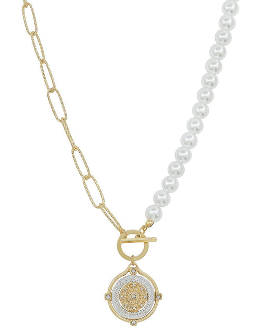 Gold Chain and Pearl Chain with Coin 16"-18" Necklace