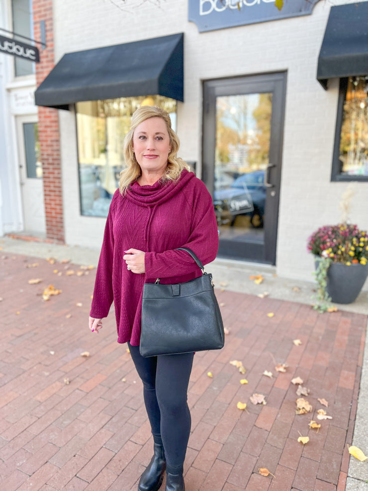 Wine Cable Knit Cowl Neck Tunic