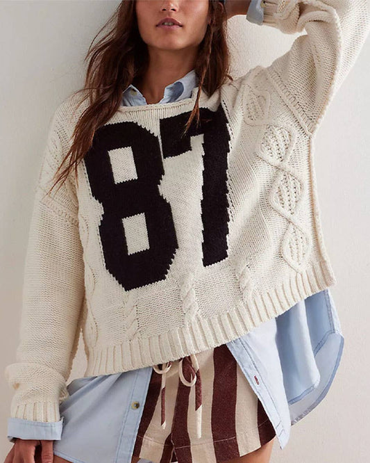 Varsity Number V-Neck Cable Sweater