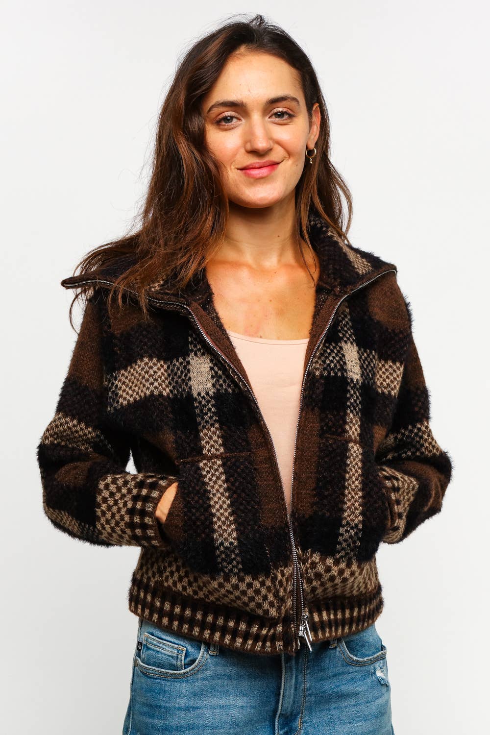 High Neck Zipper Neck Long Sleeve Plaid Cardigan