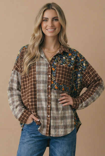 Plaid & Floral Color Block Button Down