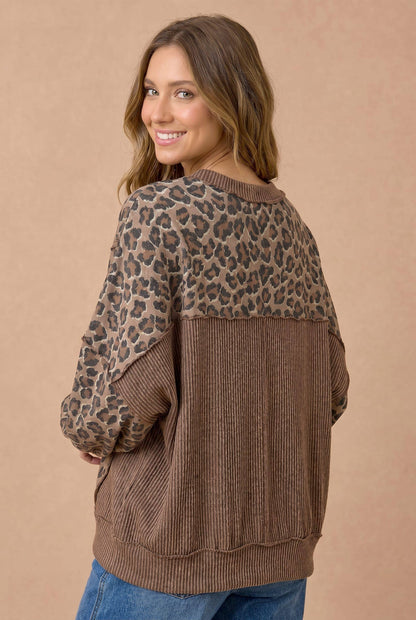 Leopard Print Wave Rib Banded Hem Pullover