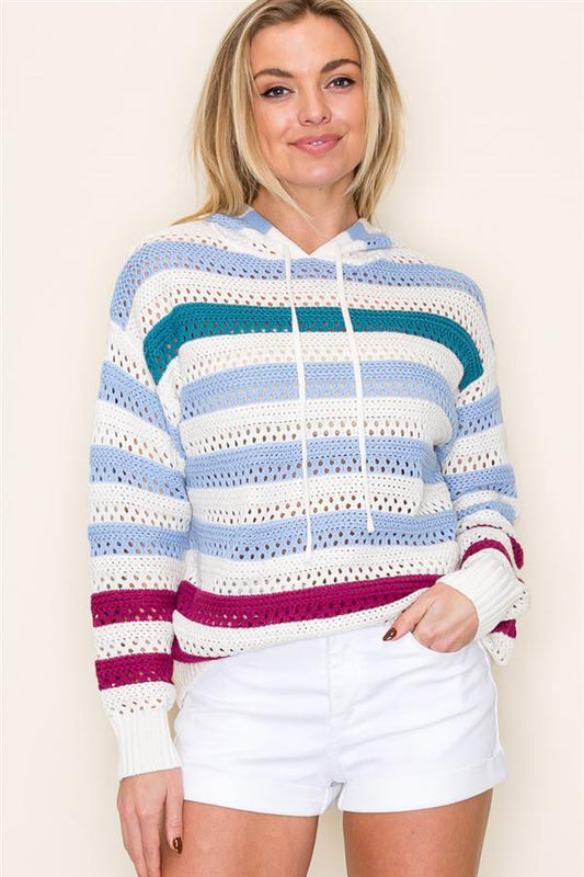 Muti Colored Striped Crochet Hoodie Sweater