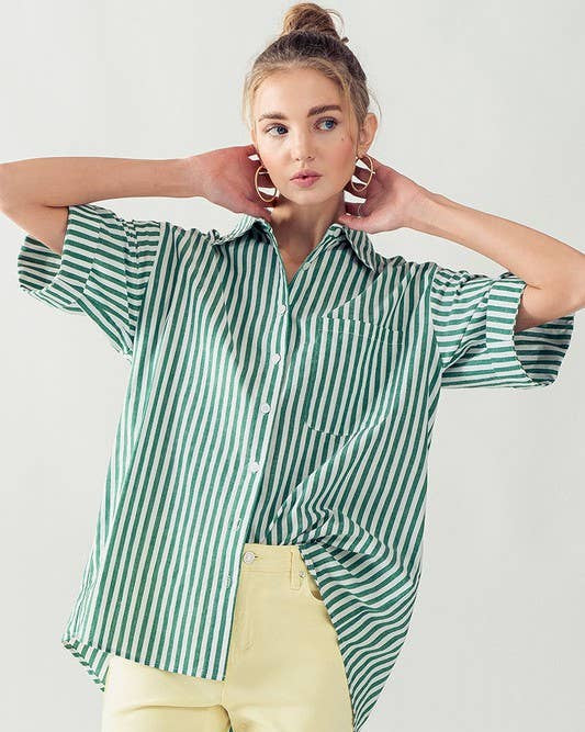 GREEN & WHITE STRIPED BUTTON DOWN HIGH LOW TOP