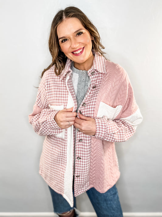 Pink Houndstooth Patchwork Shacket