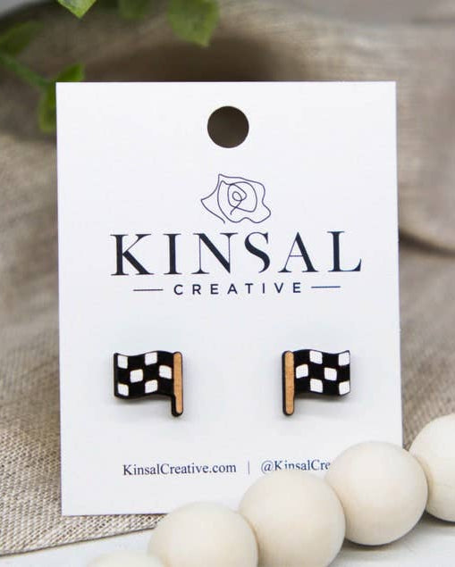 Checkered Flag Wood Stud Earrings