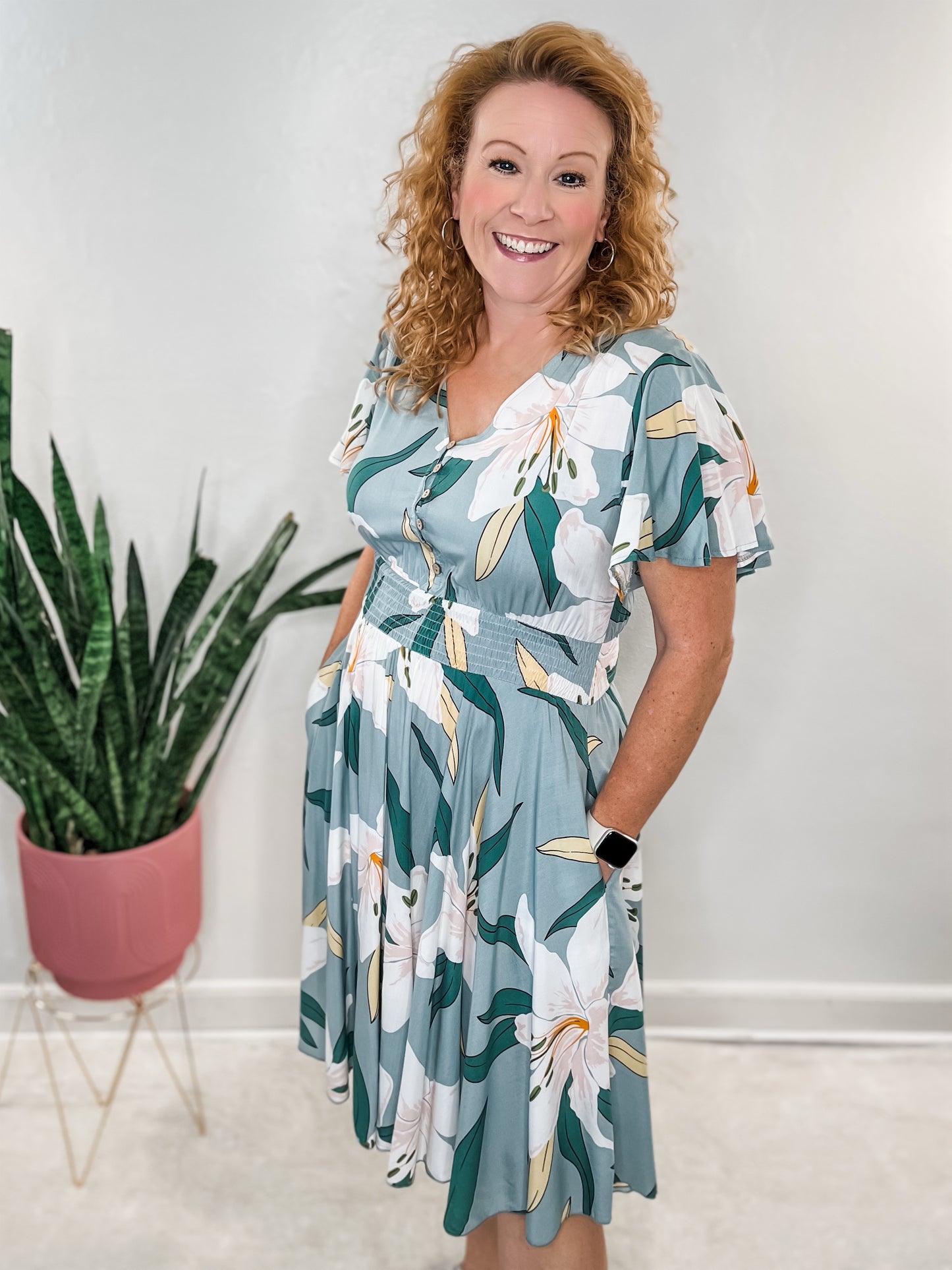 Sage Floral Flutter Sleeve Dress