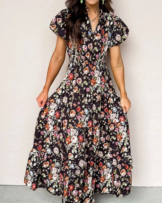 Black Floral Print Maxi Dress