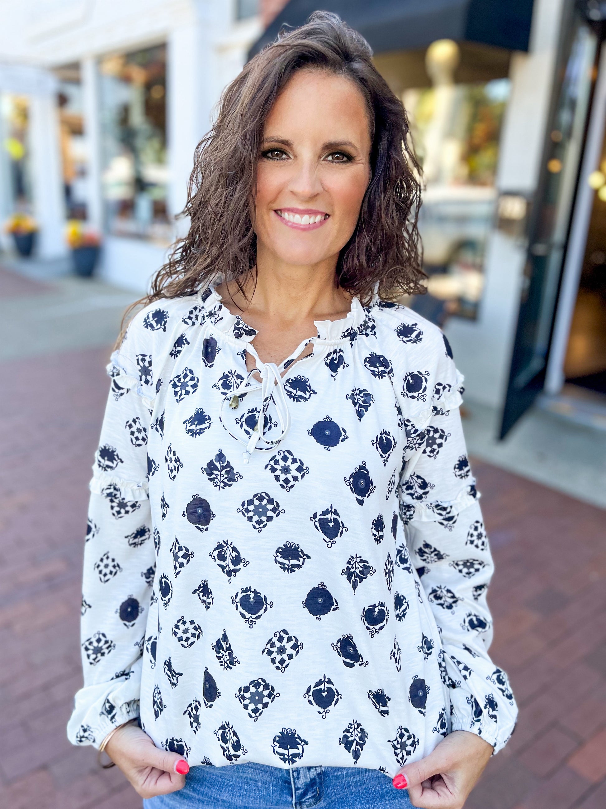 White Printed Bubble Sleeve Top