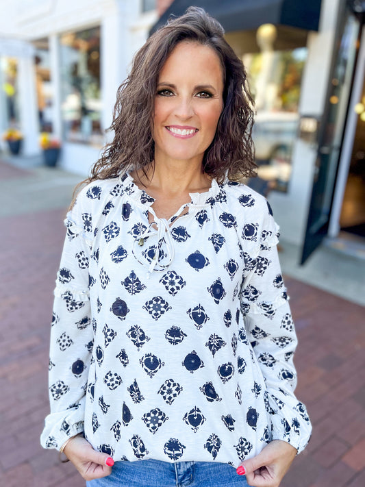 White Printed Bubble Sleeve Top