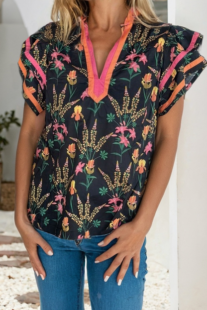 Patchwork Floral Short Sleeve V Neck Top