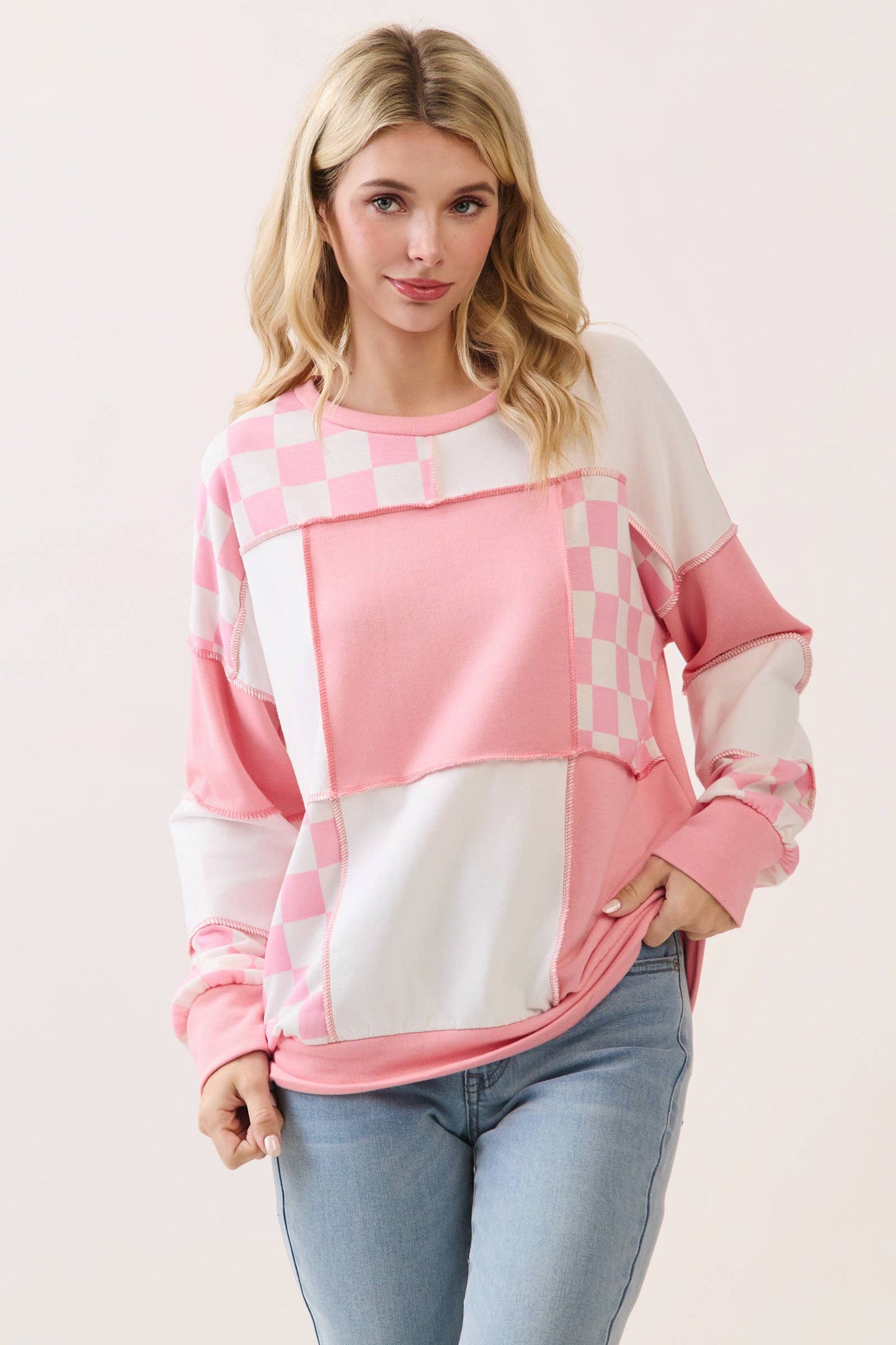 Pink & White Checkered Pullover